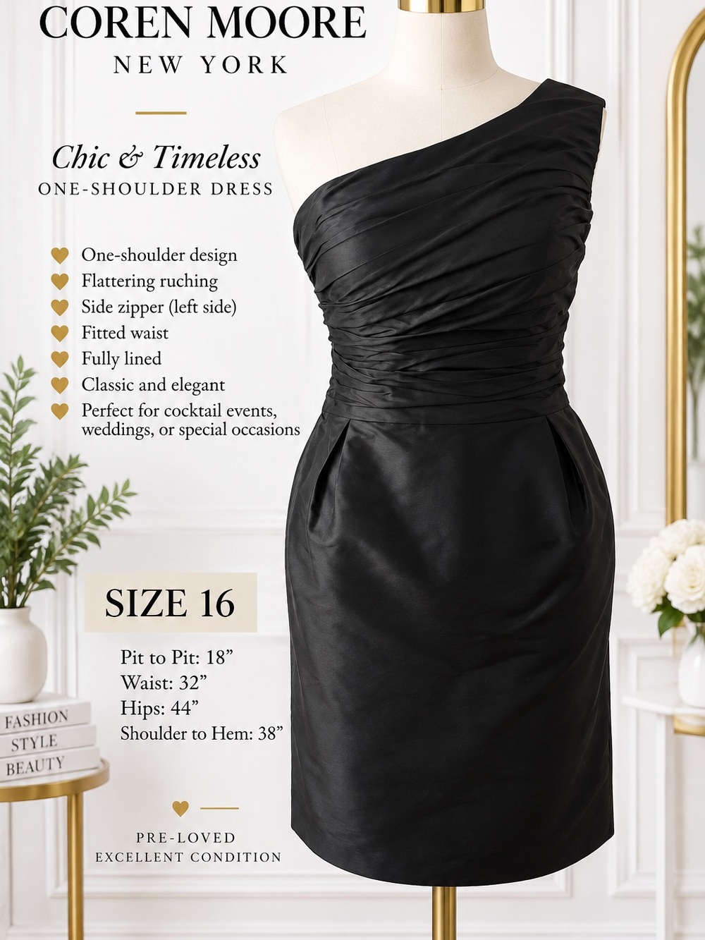 Coren Moore New York Black One-Shoulder Ruched Cocktail Dress Size 16
